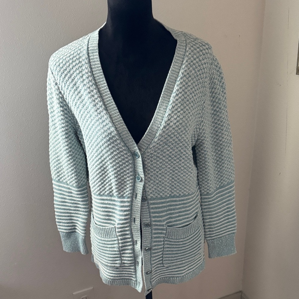 Isaac Mizrahi Live Women's Light Heather Blue Aqua Cardigan button up Sweater XS
